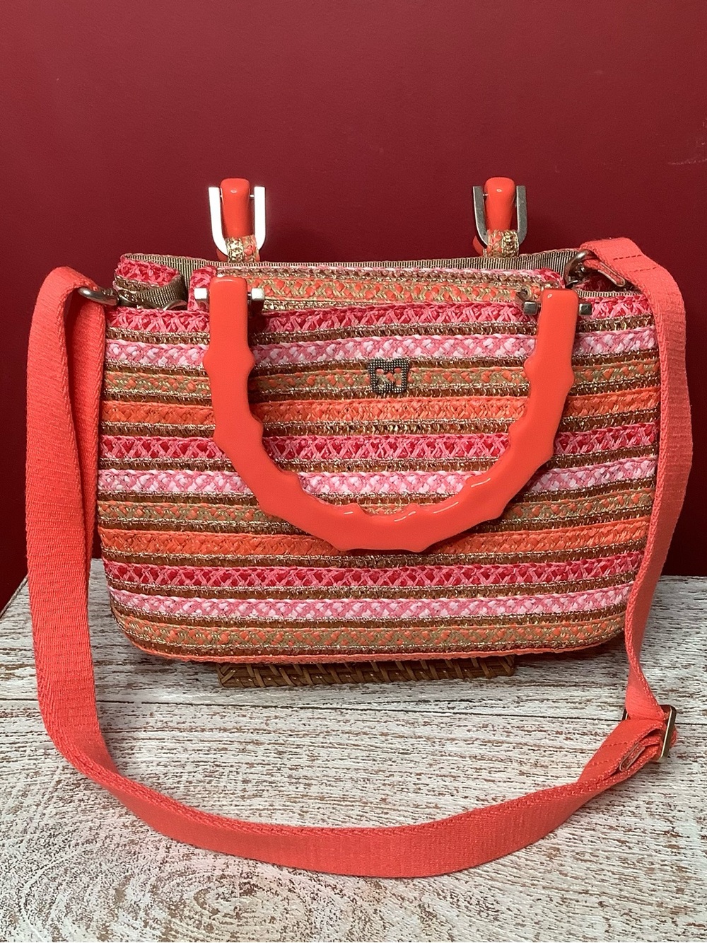 Eric Javits LEILA Coral Pink Striped Woven Satchel Crossbody Bamboo Handle Bag - Picture 2 of 16
